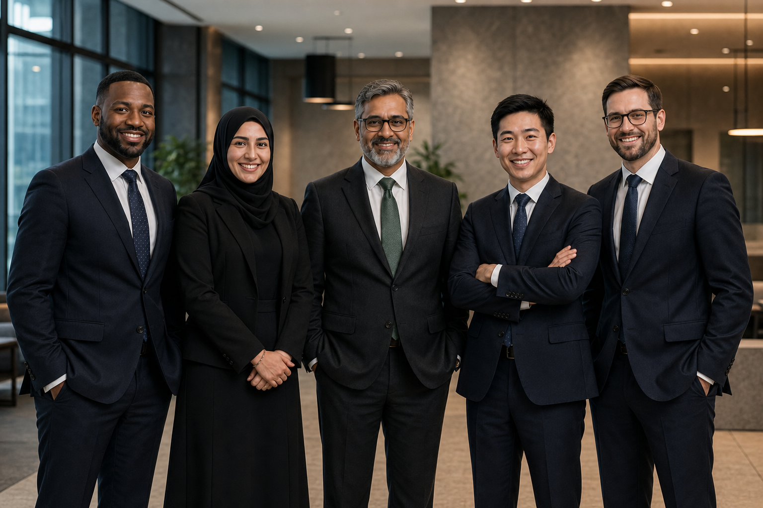 Five diverse accounting and advisory professionals in a modern office