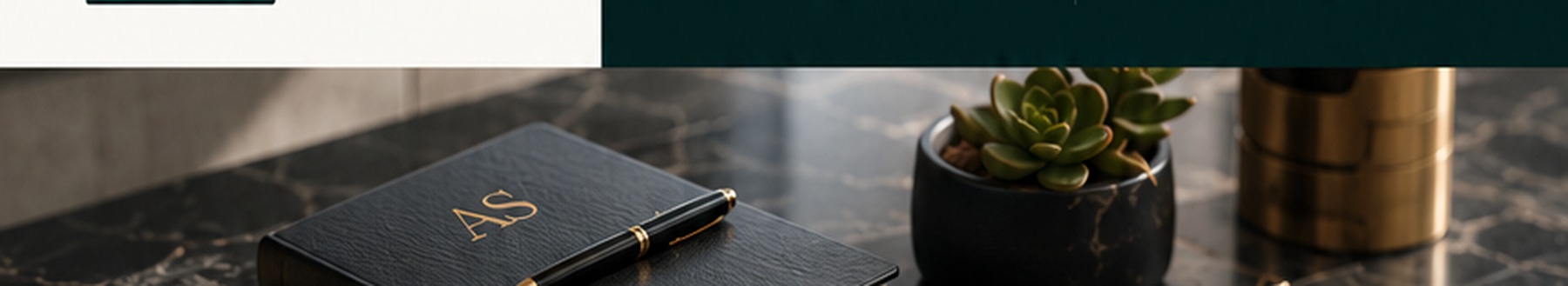 Notebook, pen and desk objects in a professional office